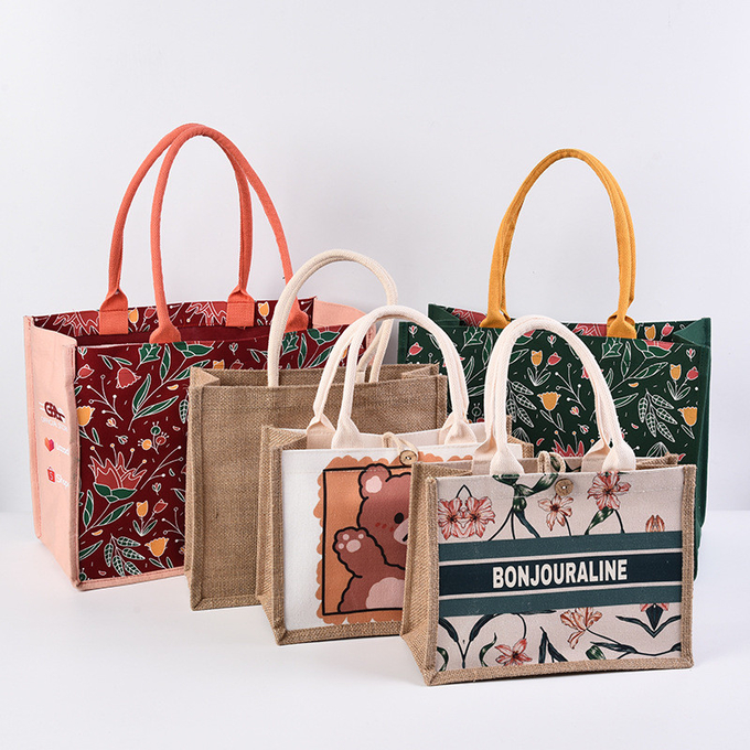Bolsas personalizadas de lienzo natural con impresión de yute Bolsas de toque de burlap 0